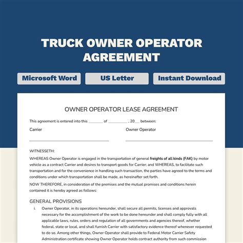 Editable Truck Owner Operator Lease Agreement Template Form - Etsy
