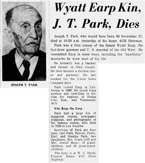 Wyatt Earp Kin, J. T. Park, Dies, obituary, The Courier-Journal