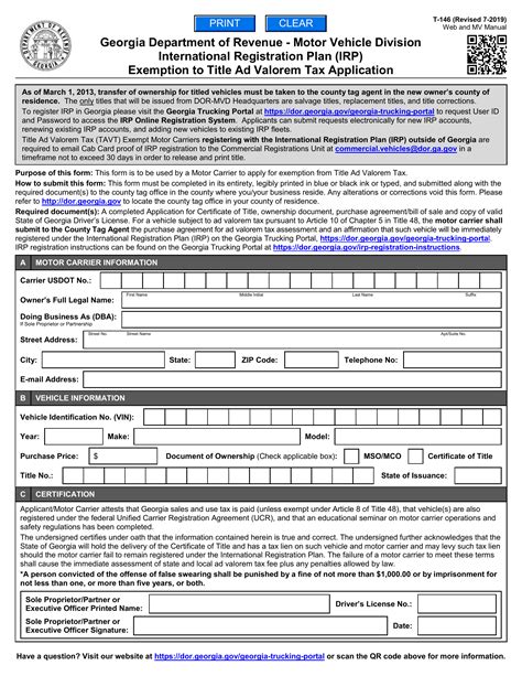 GA DMV Form T-146 Georgia IRP Exemption to State and Local Ad Valorem