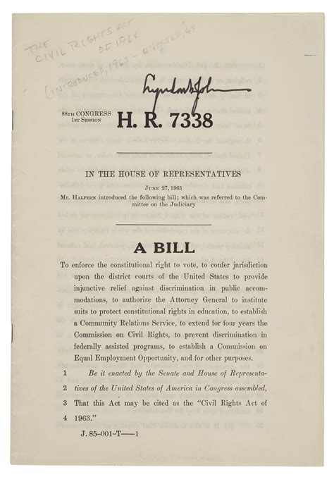 An early draft of the Civil Rights Act of 1964, Signed by Lyndon
