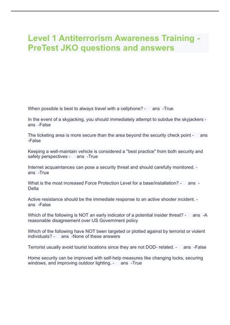Level 1 Antiterrorism Awareness Training - PreTest JKO questions and