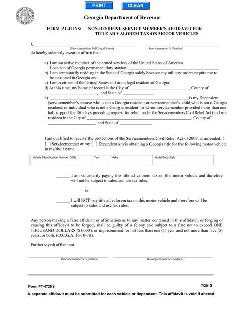 GA DMV Form PT-472NS Non-Resident Service Members Affidavit for Title
