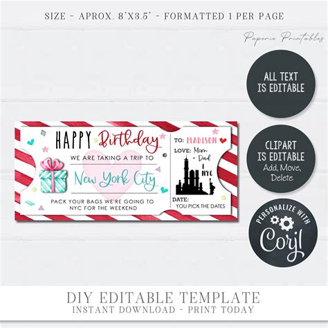 EDITABLE NYC Trip Gift Voucher Birthday Gift Coupon New York - Etsy UK