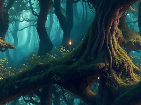 A mystical forest where each tree possesses unique magical properties
