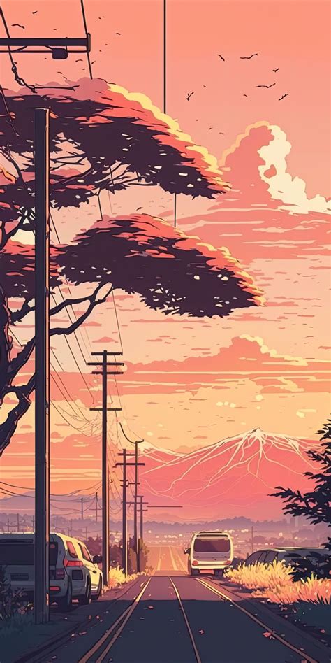 a car driving down a road next to power lines and trees at sunset with