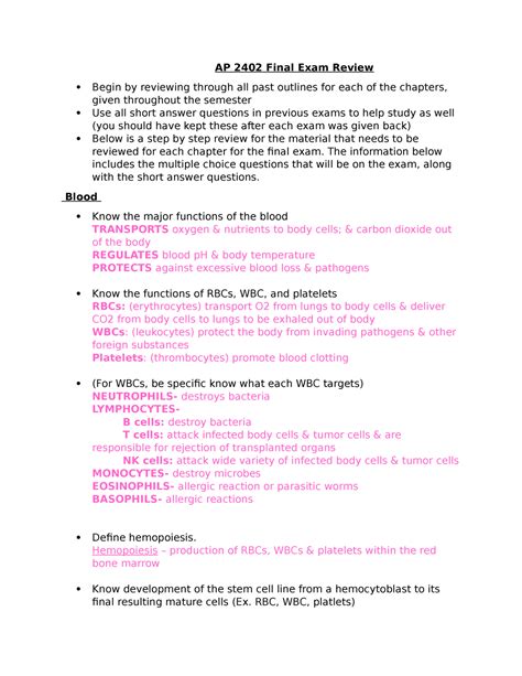 A&P II - Final EXAM Review - AP 2402 Final Exam Review Begin by