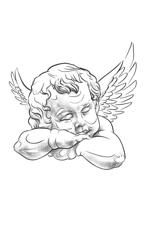 a drawing of an angel with its head resting on his hands and looking