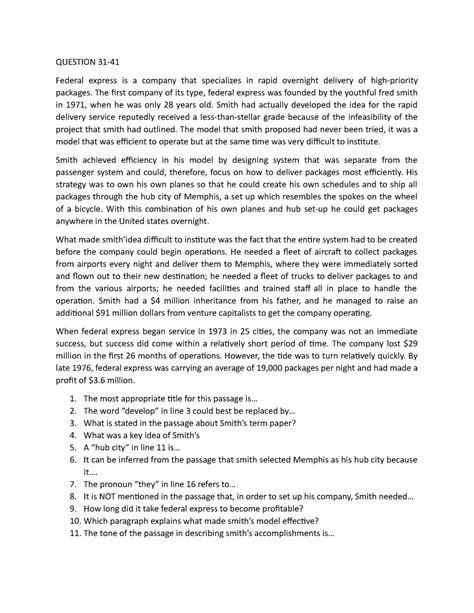 Question 31-41 - QUESTION 31- Federal express is a company that