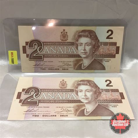 Canada $2 Bill 1986 (2) Sequential : #EBG1249757-758
